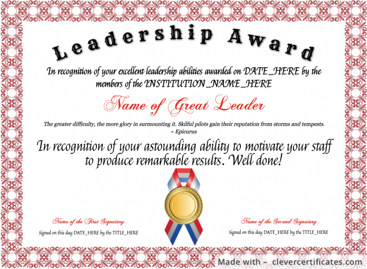 Template : Free Leadership Award Template At inside Quality Leadership Award Certificate Templates
