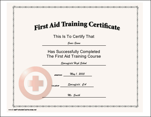 This Certificate, With A Red Cross Seal, Certifies The for Best First Aid Certificate Template Free