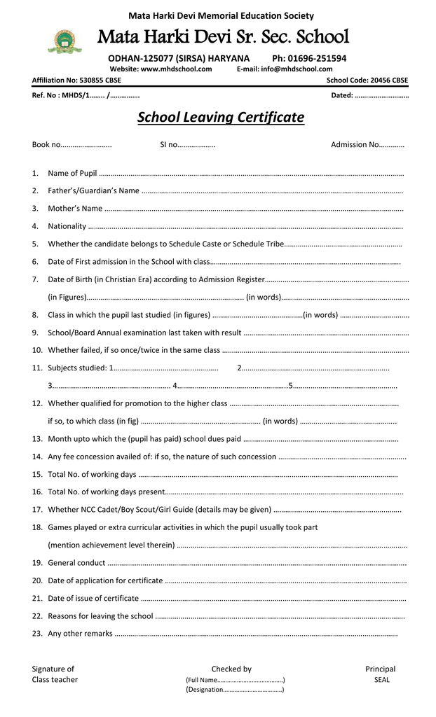 Transfer Certificate Format pertaining to Leaving Certificate Template
