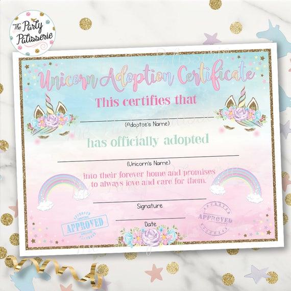 Unicorn Adoption Certificate, Unicorn Birthday, Printable, Instant  Download, 2 Color Options Included regarding Best Unicorn Adoption Certificate Templates