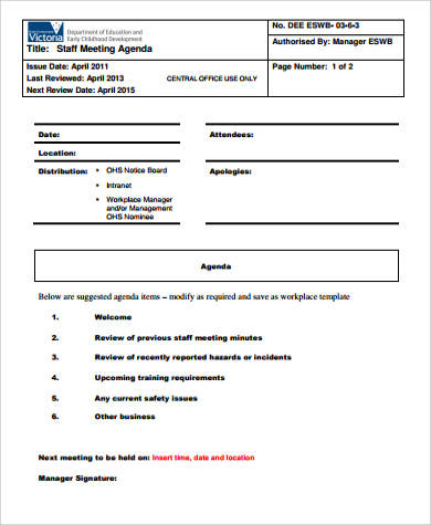 Free 8+ Sample Staff Meeting Agenda Templates In Pdf intended for Agenda And Meeting Minutes Template