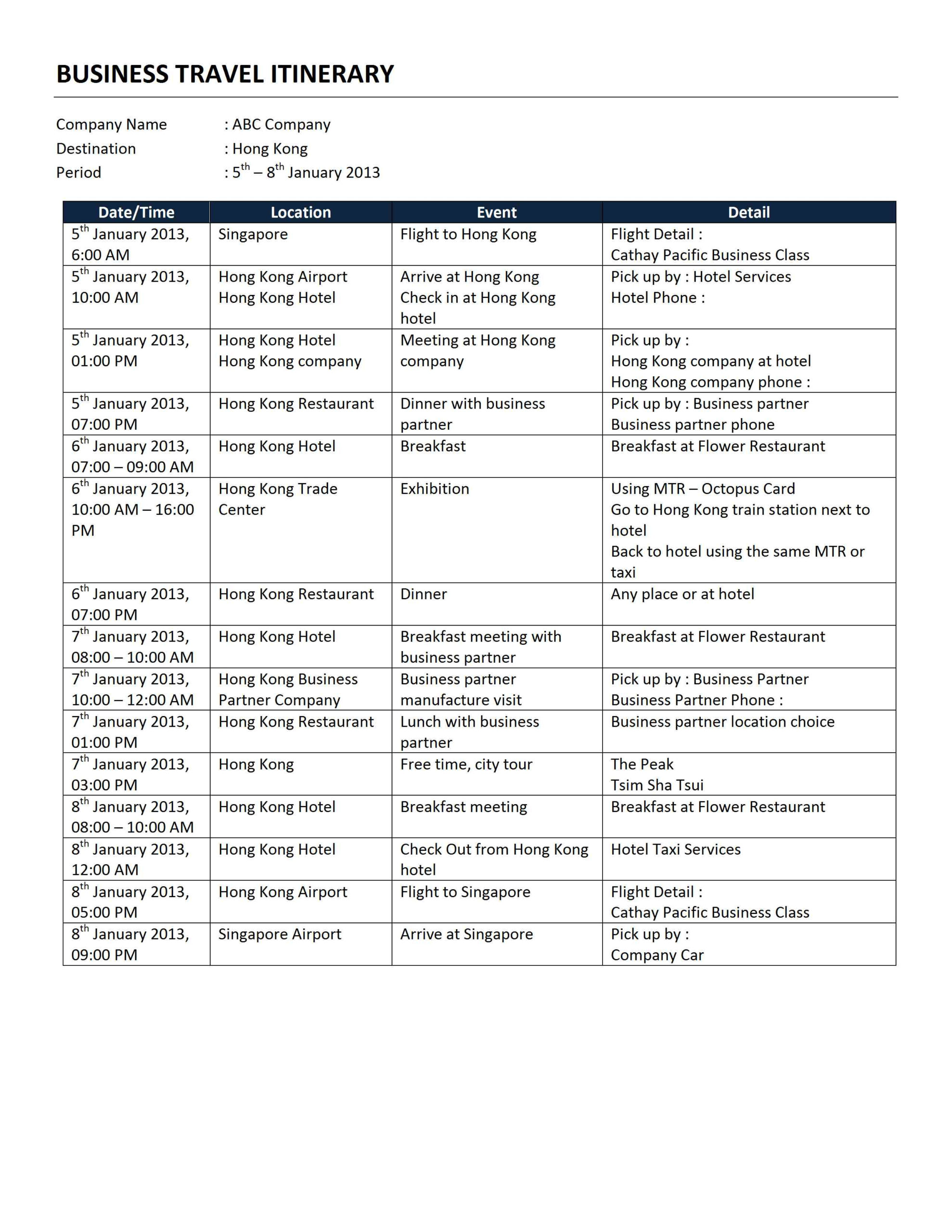 Business Travel Itinerary Template - Rendomi for Business Trip Itinerary Template