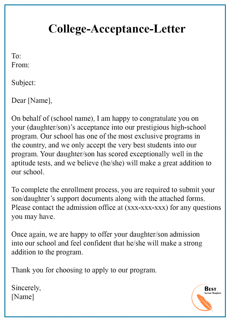 College Acceptance Letter Template - Format, Sample &amp; Examples inside College Acceptance Letter Template