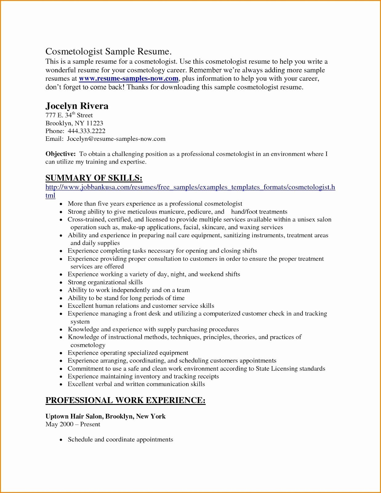 Cosmetologist Resume Example, Cosmetologist Resume regarding Cosmetologist Cover Letter Template