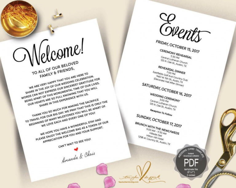 Editable Wedding Welcome And Itinerary Card Editable Pdf within Honeymoon Itinerary Template