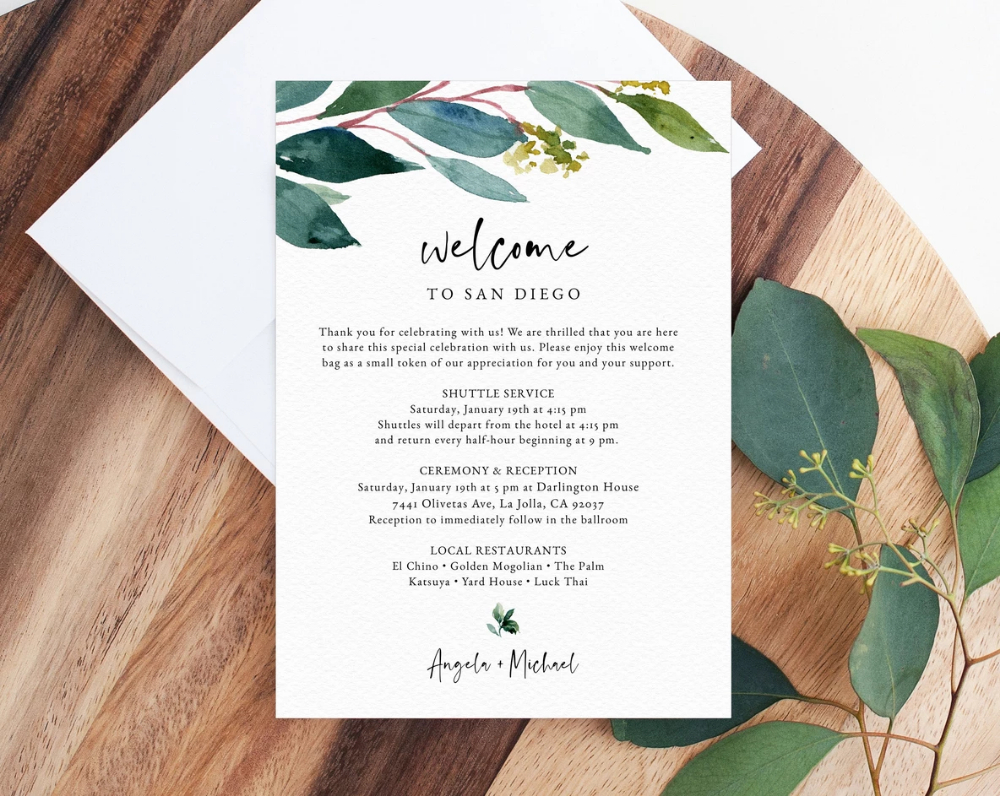 Greenery Welcome Letter Template, Wedding Itinerary Card with Wedding Welcome Itinerary Template