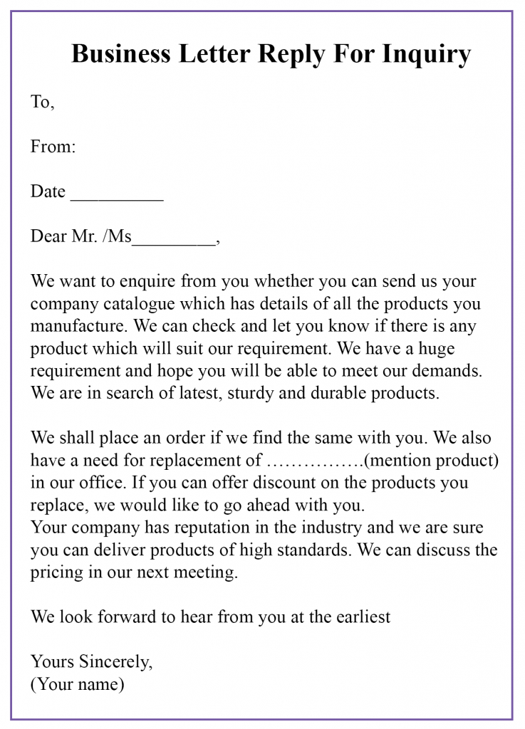 Inquiry Letter - Letter with Franchise Inquiry Letter Template