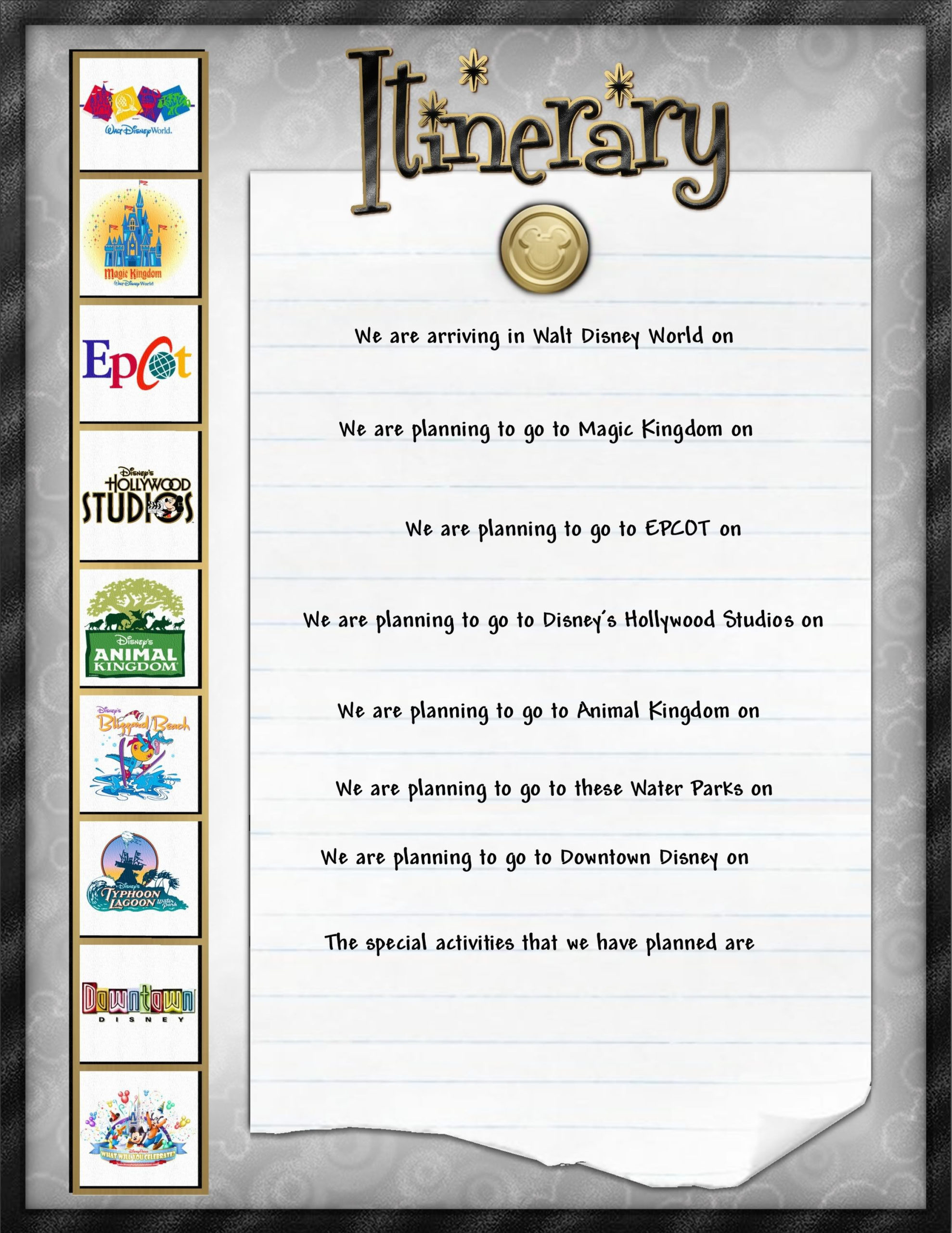 Itinerary | Disney Scrapbook Pages, Disney Scrapbook in Disney World Itinerary Template