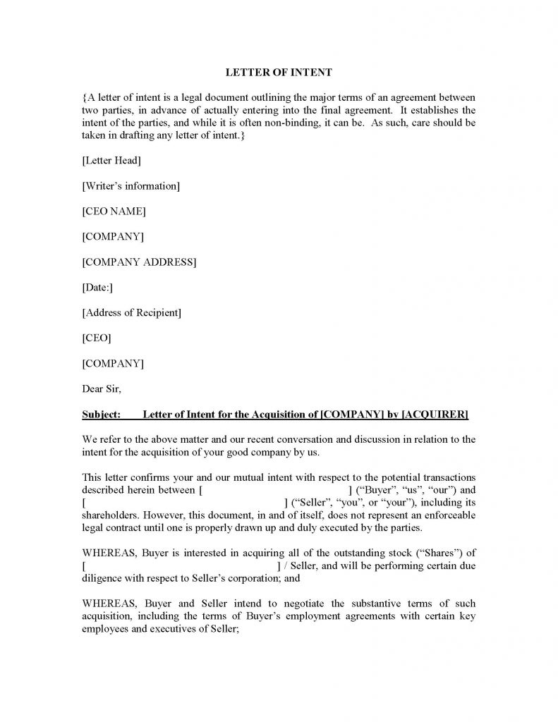 Letter Of Intent For Acquisition - Docr Sdn. Bhd intended for Franchise Letter Of Intent Template
