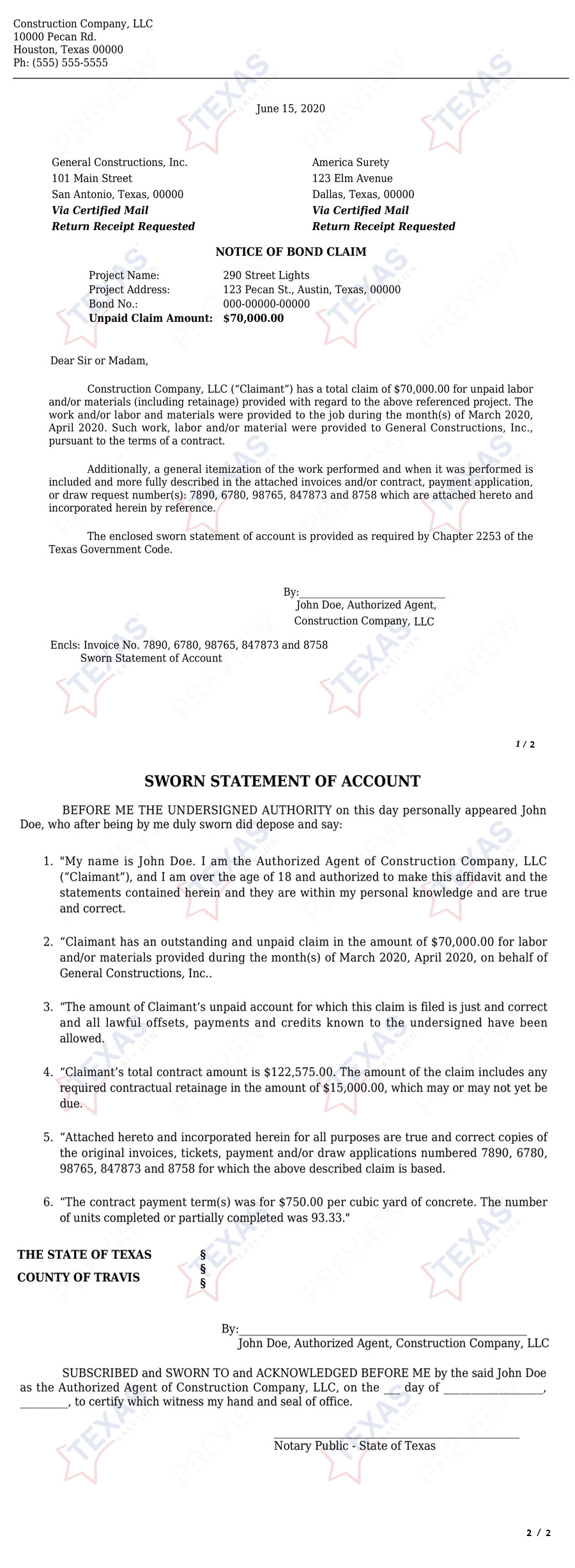 Online Professional Lien Services - Texas Easy Lien intended for Bond Claim Letter Template