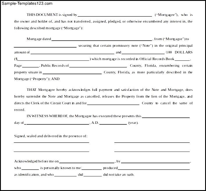 Satisfaction Of Mortgage Form Document - Sample Templates inside Loan Satisfaction Letter Template