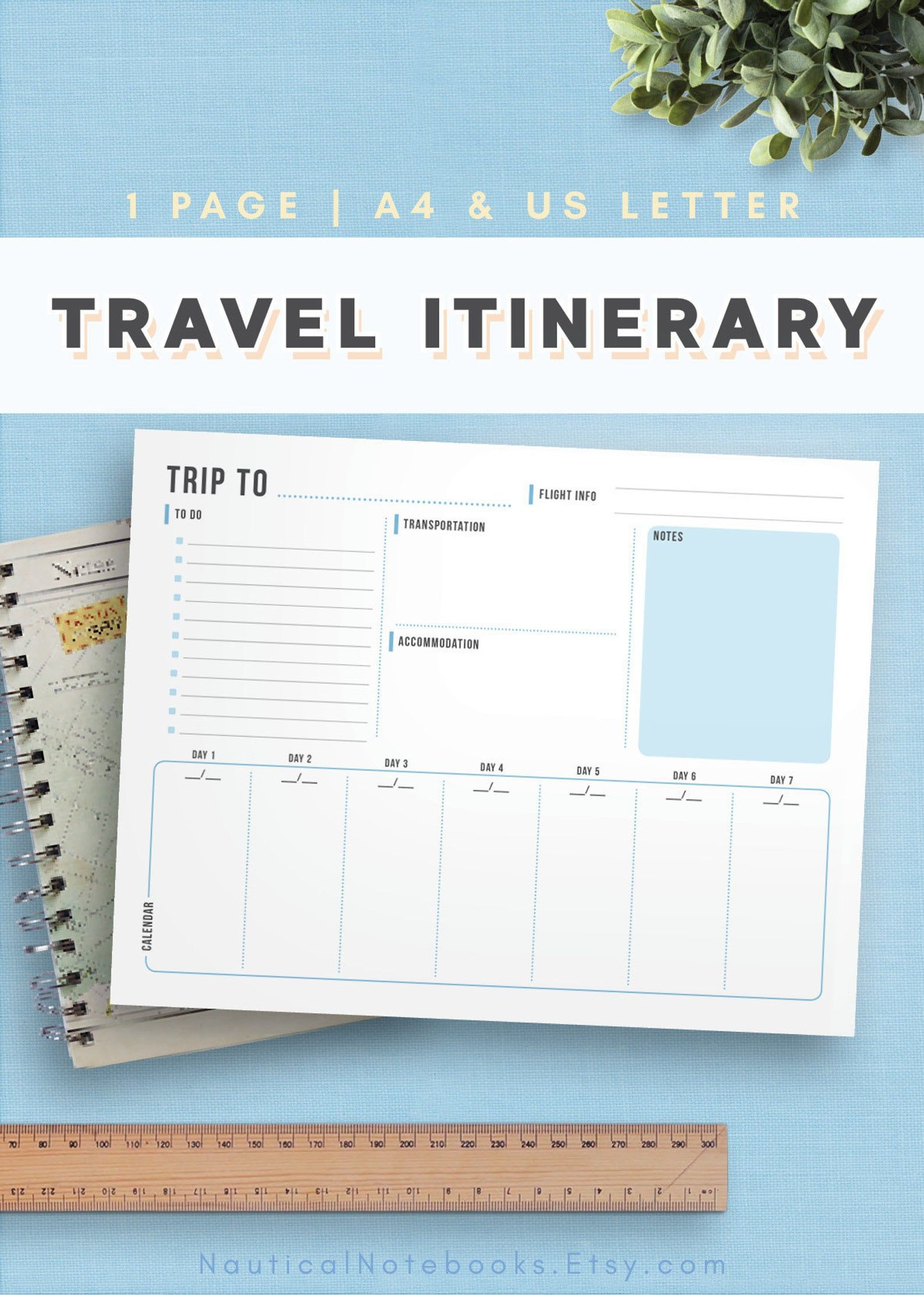 Travel Itinerary Template Printable Vacation Trip Planner in Vacation Itinerary Planner Template