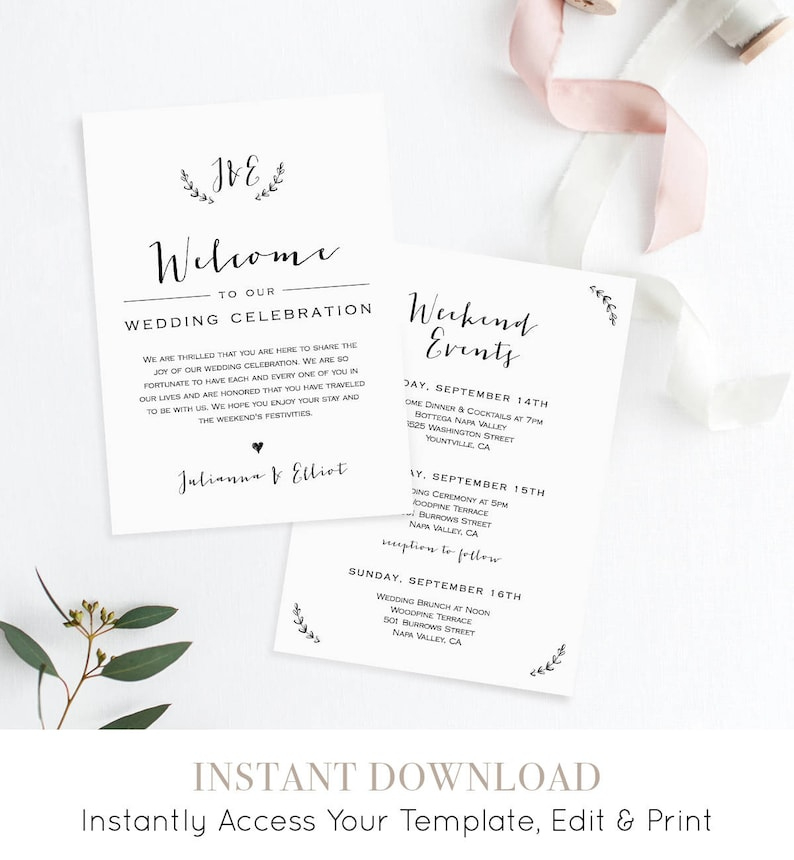 Wedding Itinerary &amp; Welcome Letter Template Welcome Bag with Wedding Welcome Bag Itinerary Template