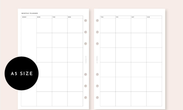 A5 Ring Minimalist Monthly Planner Printable, Blank Month intended for Month At A Glance Blank Calendar Template