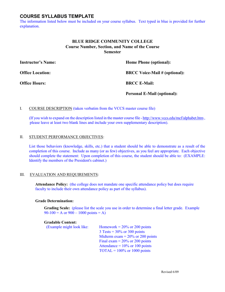 Course Syllabus Template - Blue Ridge Community College for Blank Syllabus Template