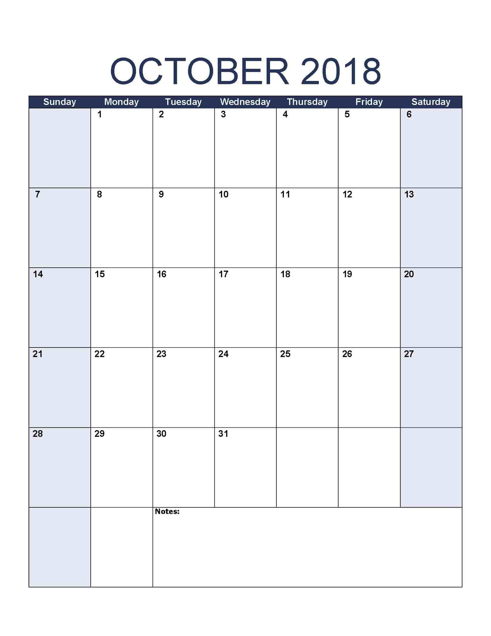 October 2018 Calendar - Free, Printable Calendar Templates pertaining to Blank Calander Template