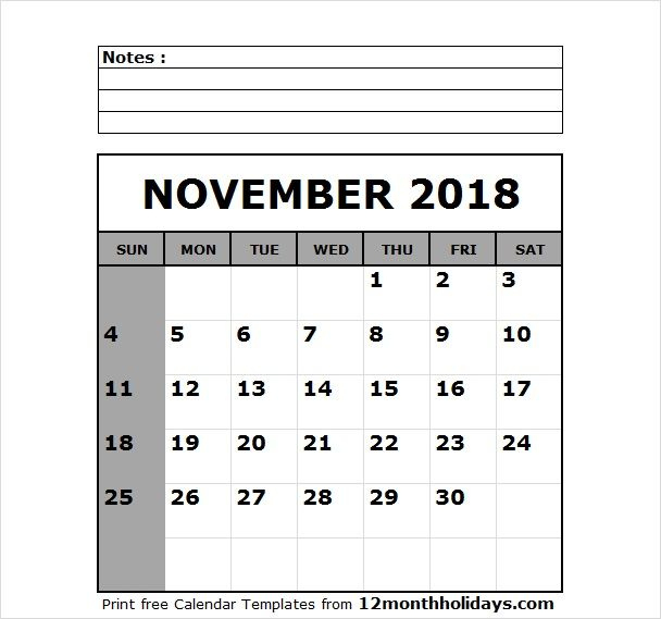 Printable Blank One Month November 2018 Calendar Template regarding Blank One Month Calendar Template